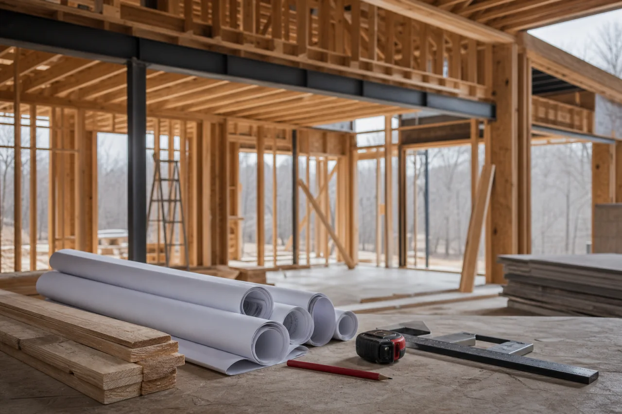 Residential structure under construction with visible framing and organized building plans
