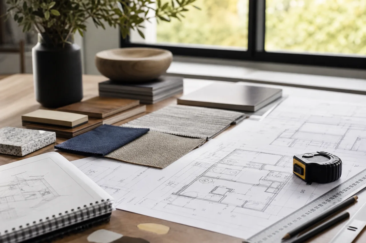 Residential plans, measurements and material samples arranged for project planning
