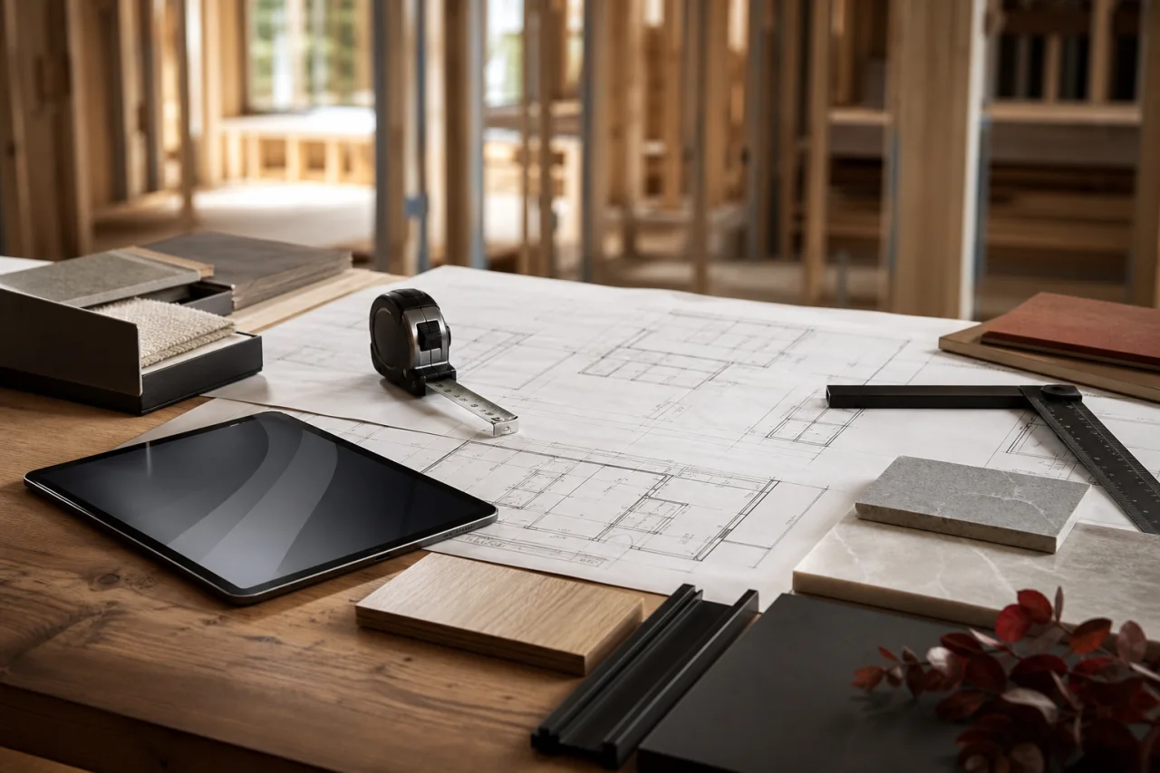 Residential construction plans, material samples, and measuring tools arranged on a clean worktable