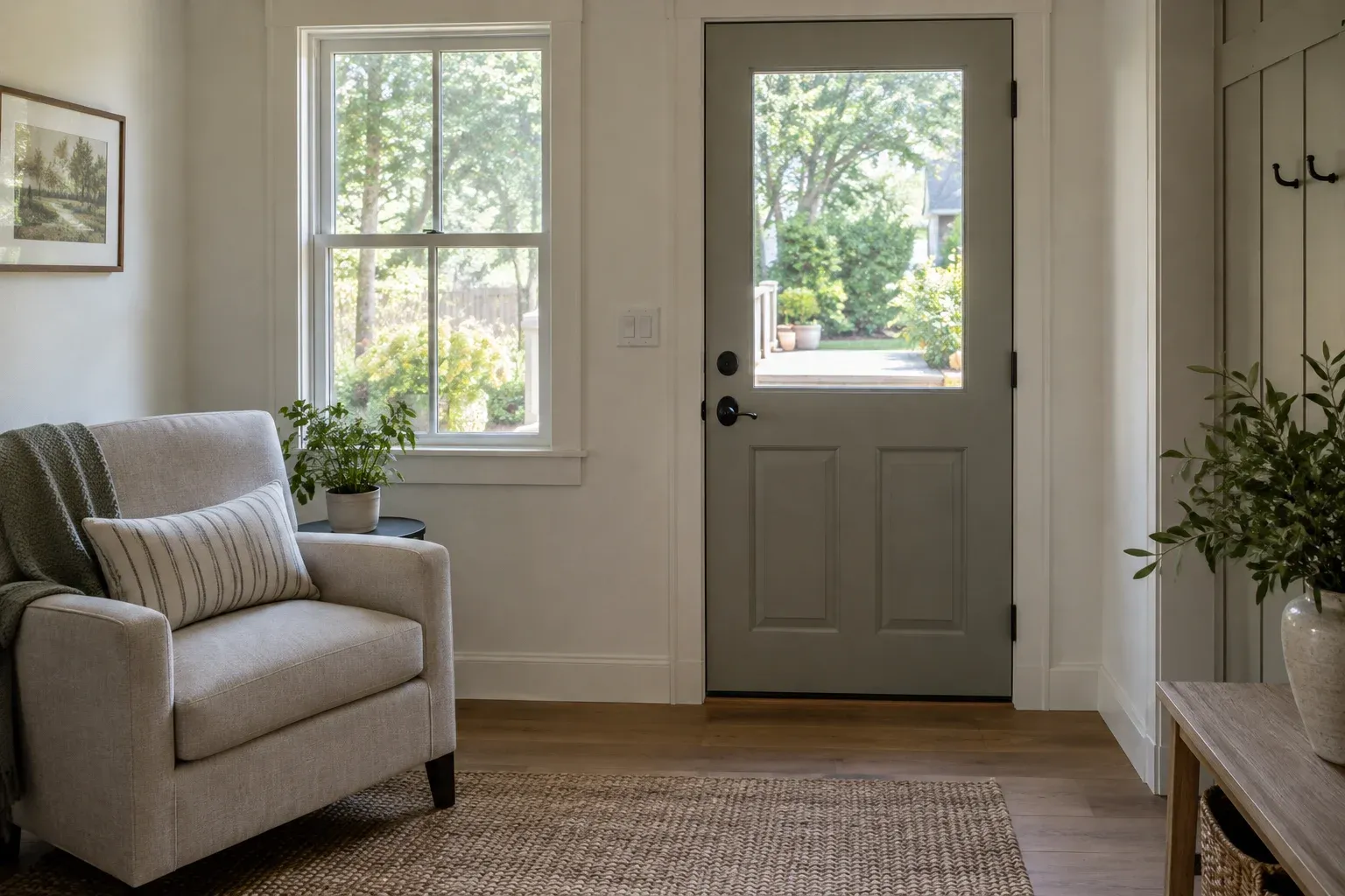 Illustrative sitting room with an exterior door, adjacent window and furniture clear of the entry.