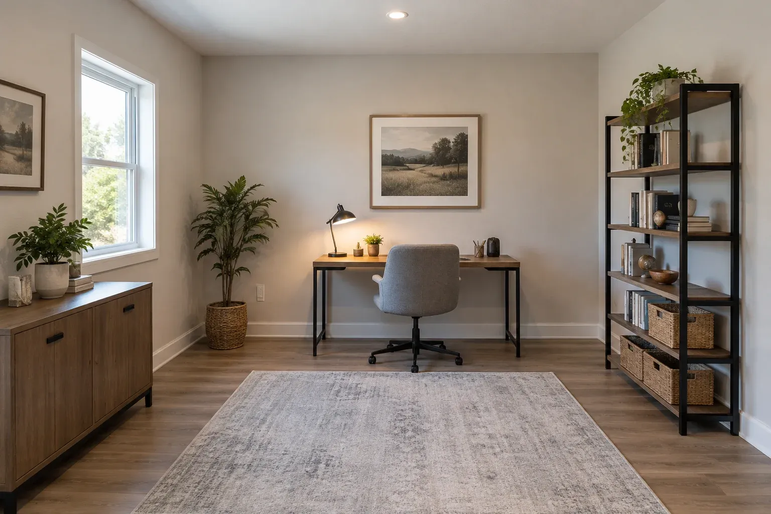 Illustrative converted garage home office with a solid finished wall, desk, storage cabinet, bookshelf and daylight from a side window.