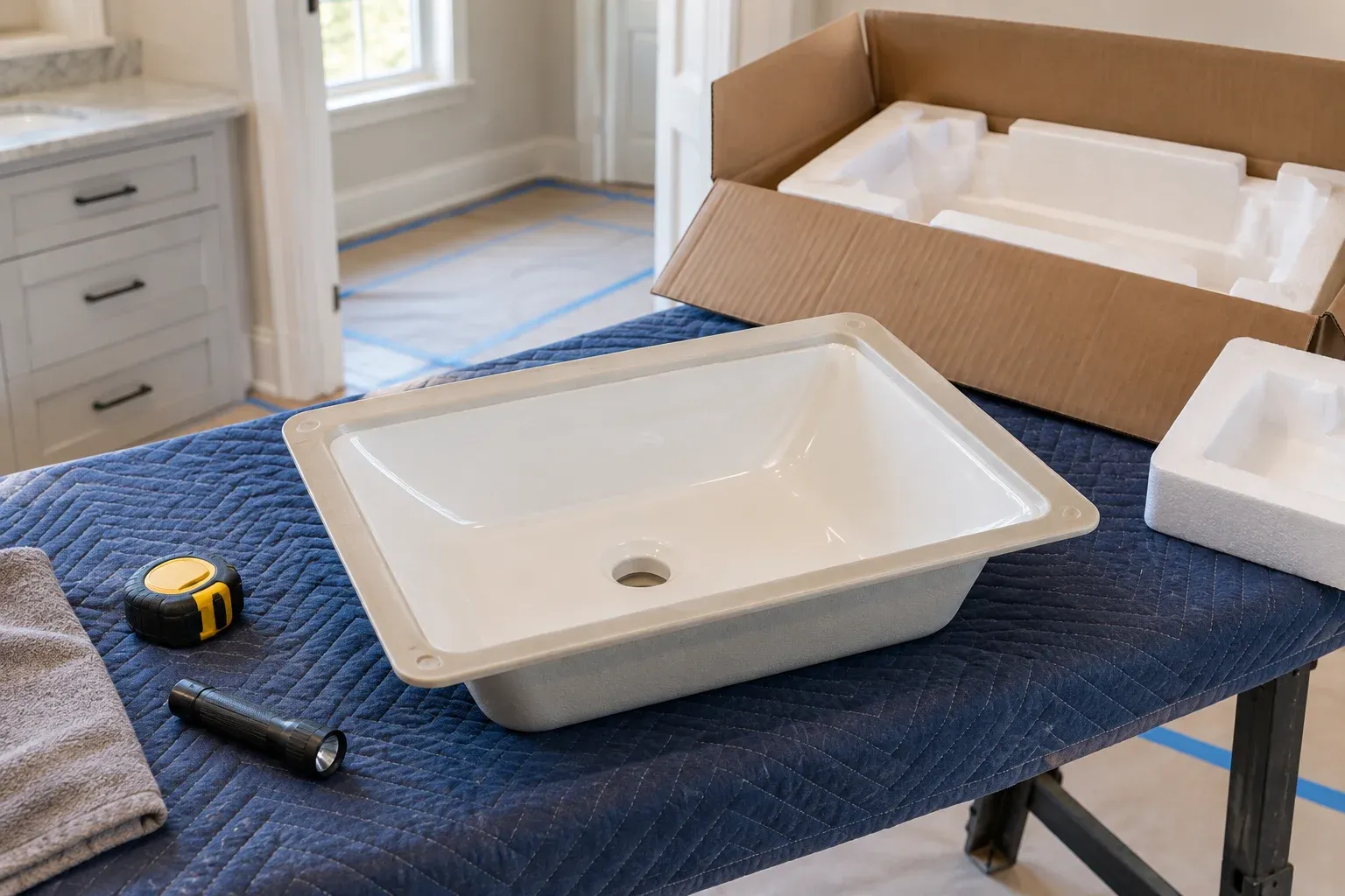 Delivered undermount sink staged for a condition and dimension check before installation.