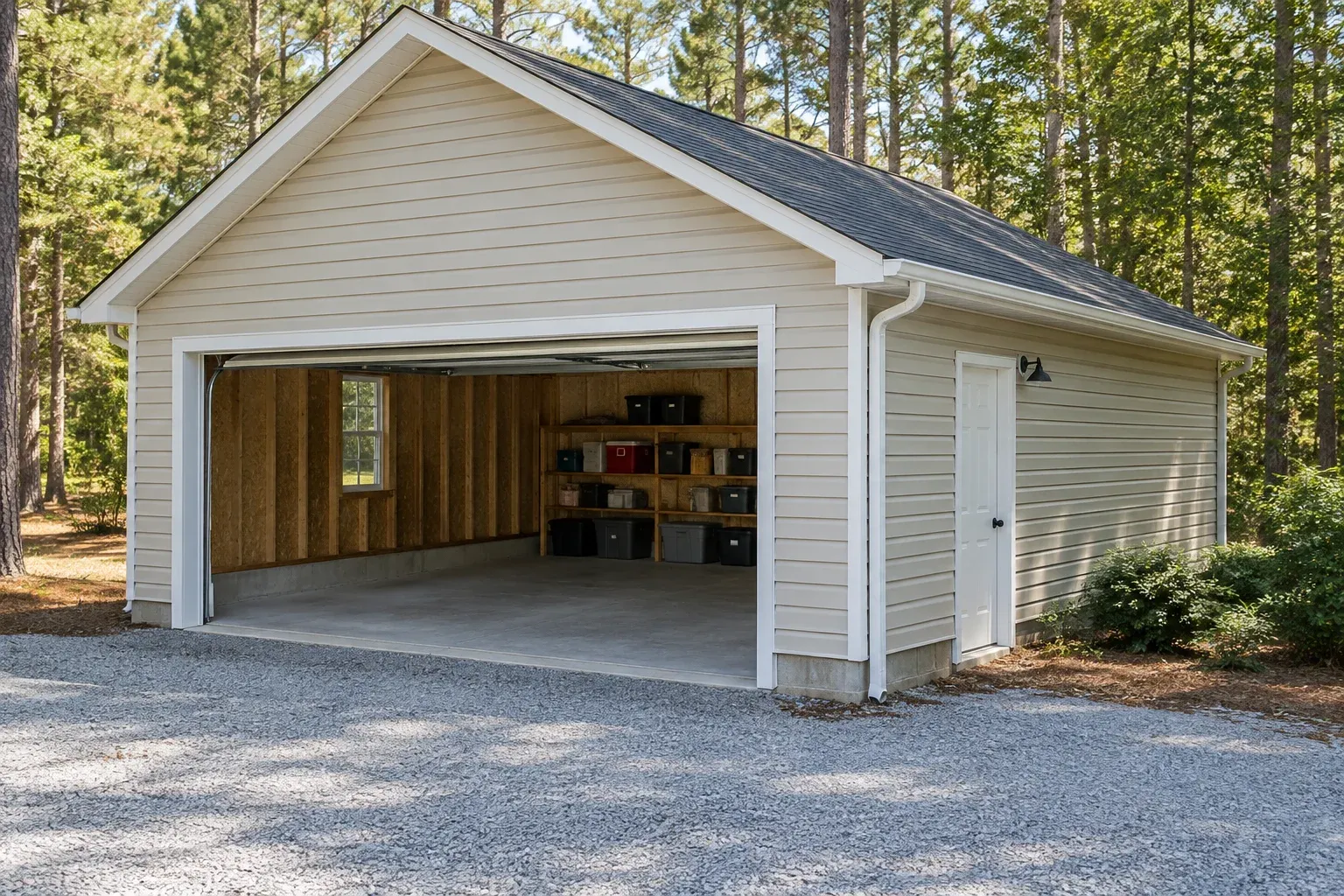 Illustrative residential garage with an open parking area, rear-wall storage shelving and a separate side entrance in a wooded setting.