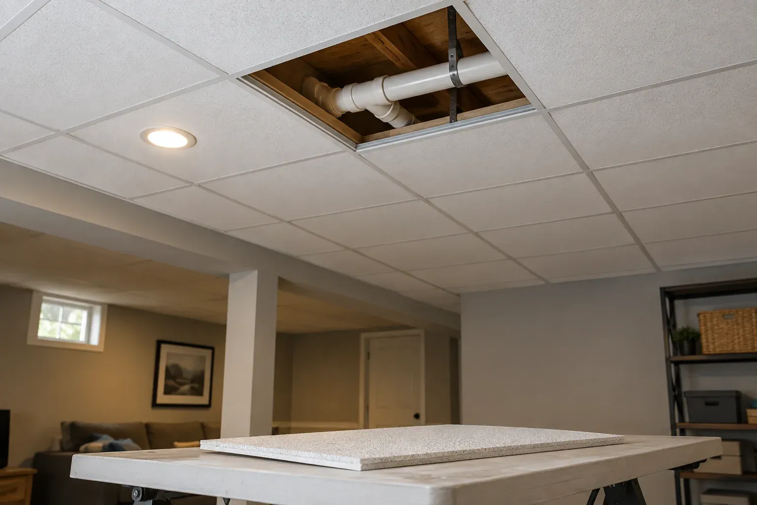 Removable basement ceiling with one panel taken out to expose plumbing above.