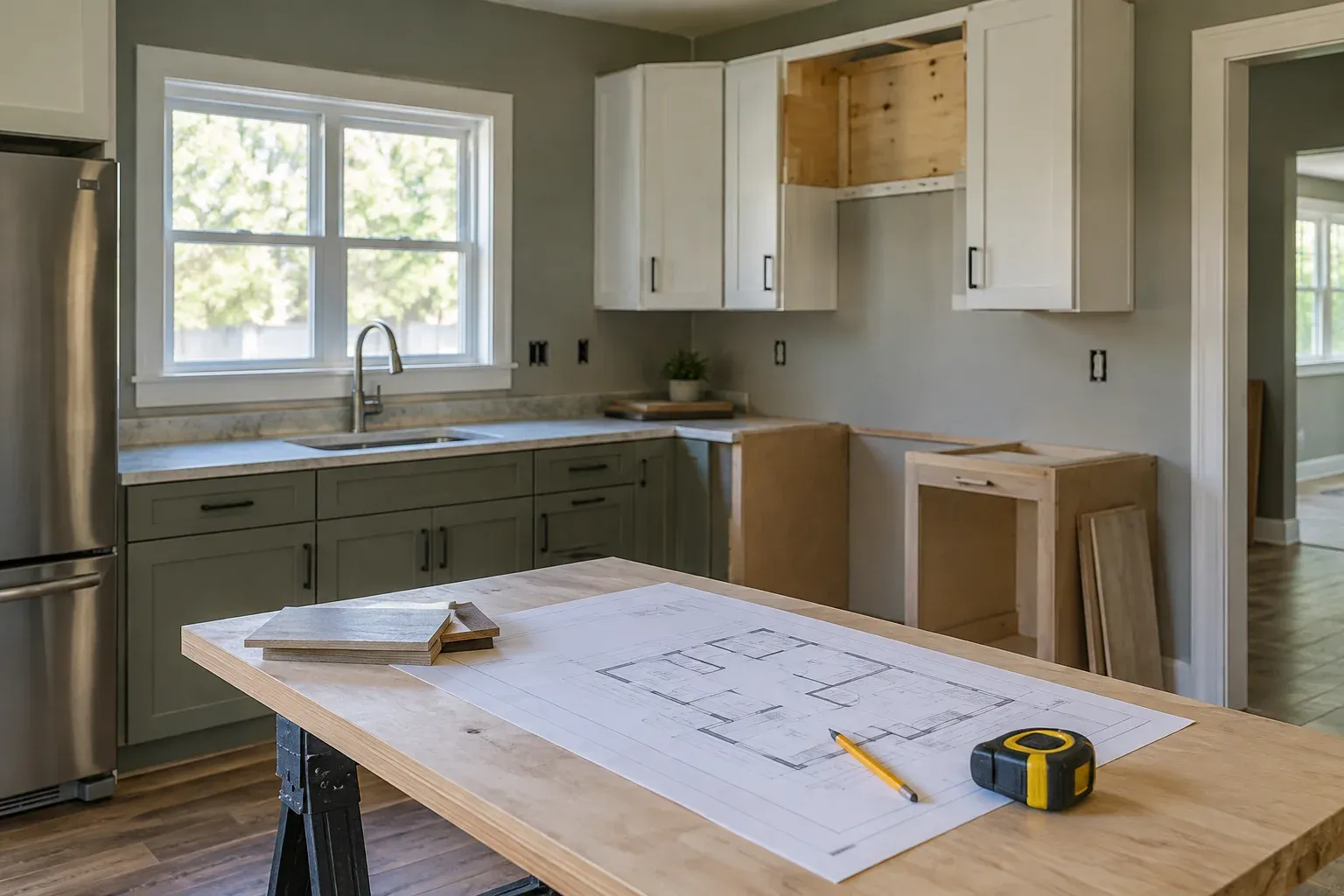 Illustrative kitchen remodel scene with a floor plan and measuring tools on a worktable.
