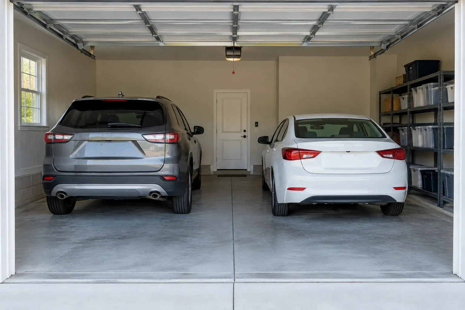 Illustrative garage interior with two parked vehicles, side-wall shelving, and a clear route to a pedestrian door.