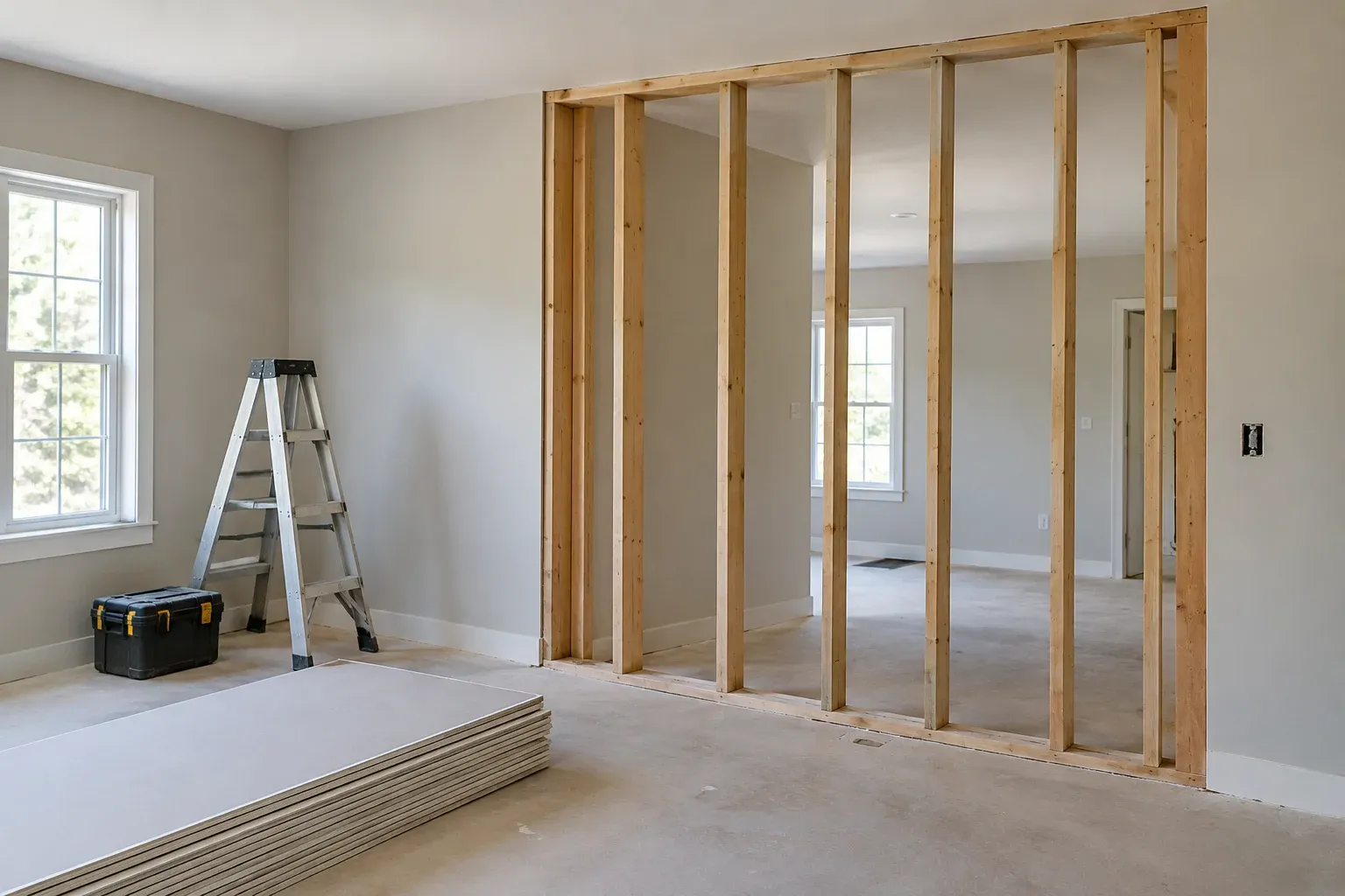 Illustrative remodeling area with exposed wall framing and drywall stored nearby before wall closure.