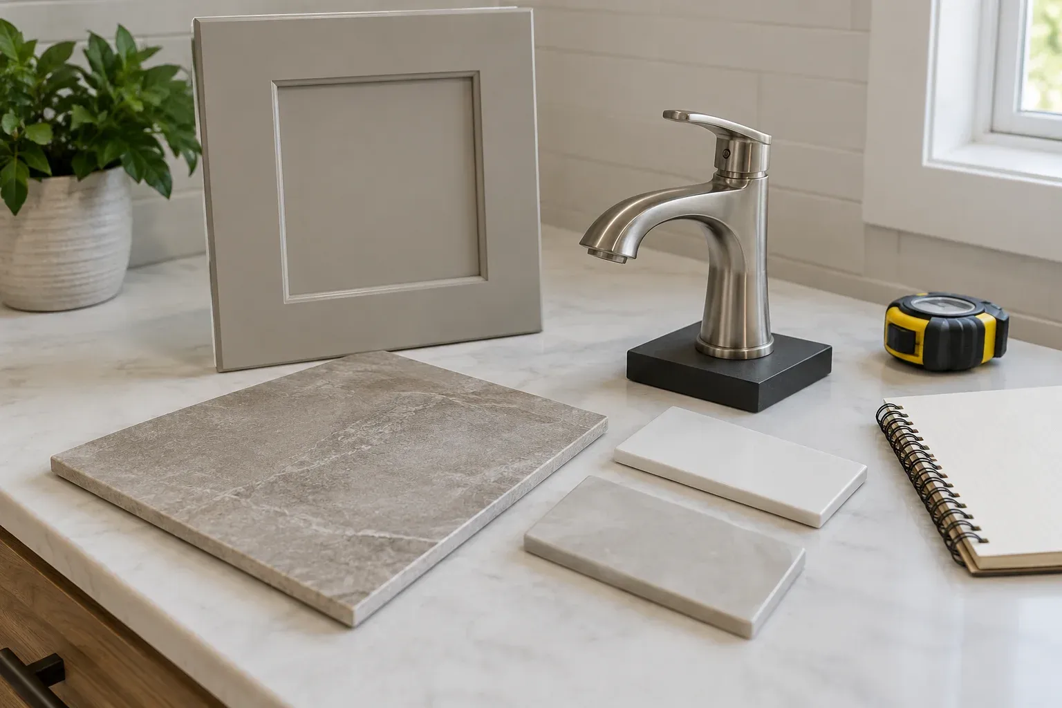 Bathroom tile, cabinet finish, and faucet samples grouped for a coordinated selection.