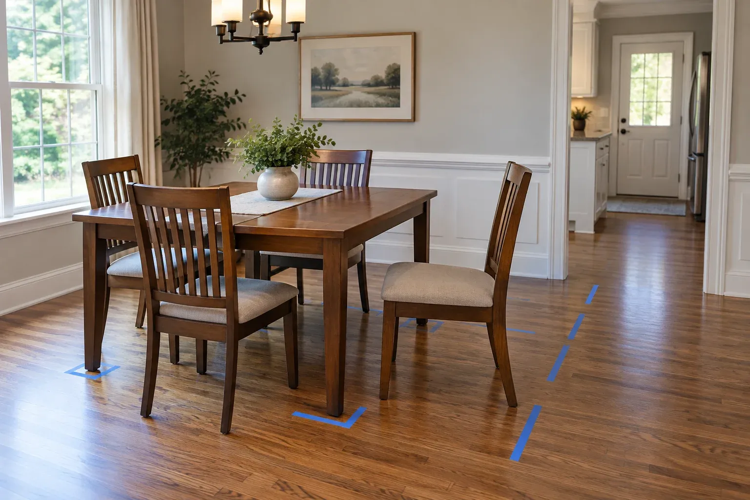 Dining room furniture and painter’s tape used to test a proposed walking route.