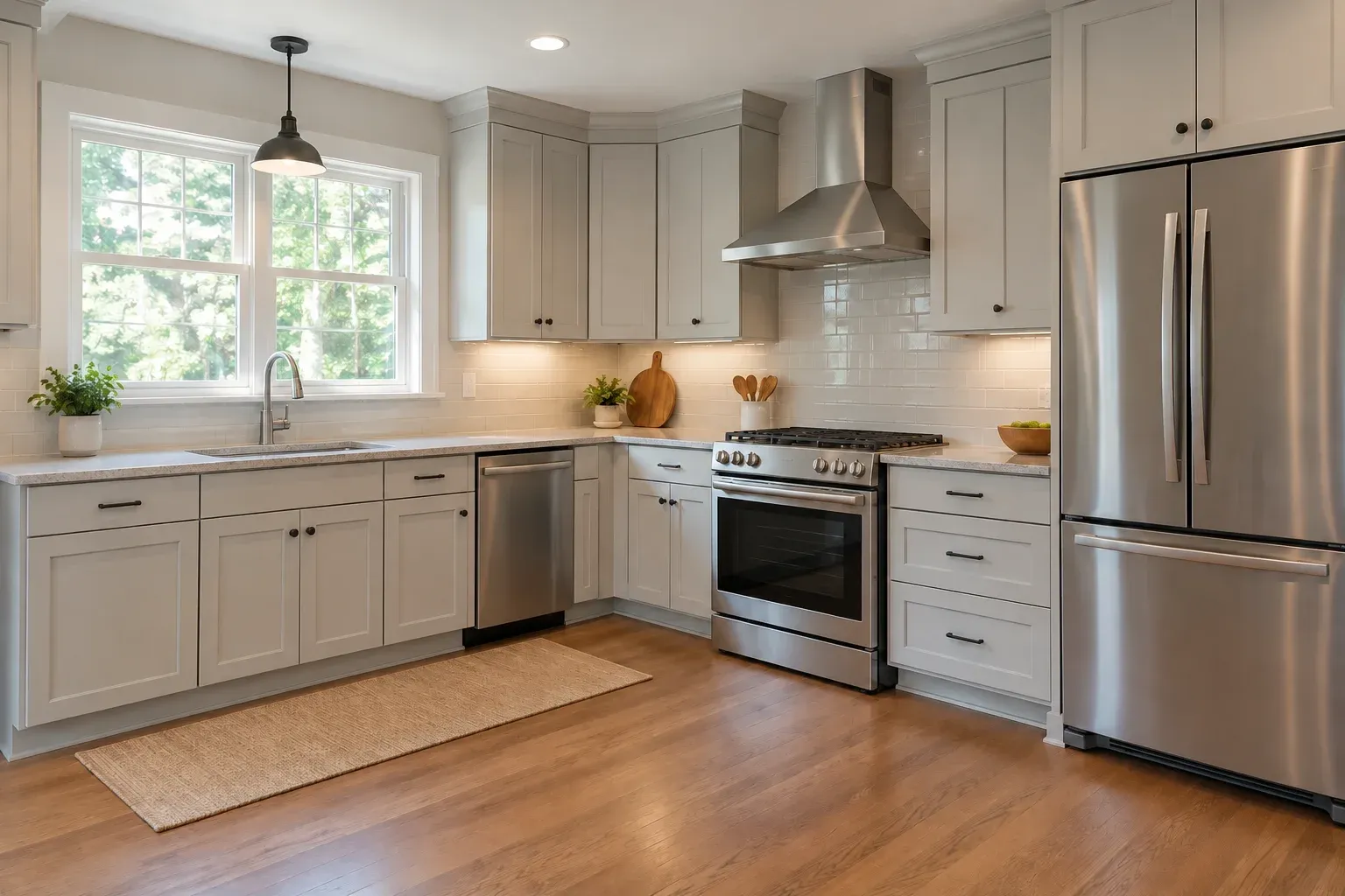 Illustrative kitchen with shaker cabinets, a stainless-steel refrigerator and range, and a closed dishwasher separated from the sink cabinet by a base cabinet.
