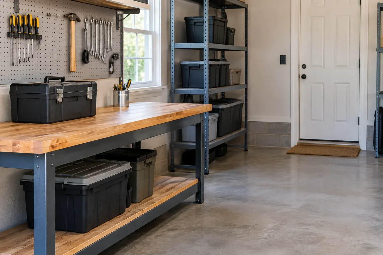 Illustrative garage workbench and shallow storage shelves beside a clear aisle and pedestrian door.