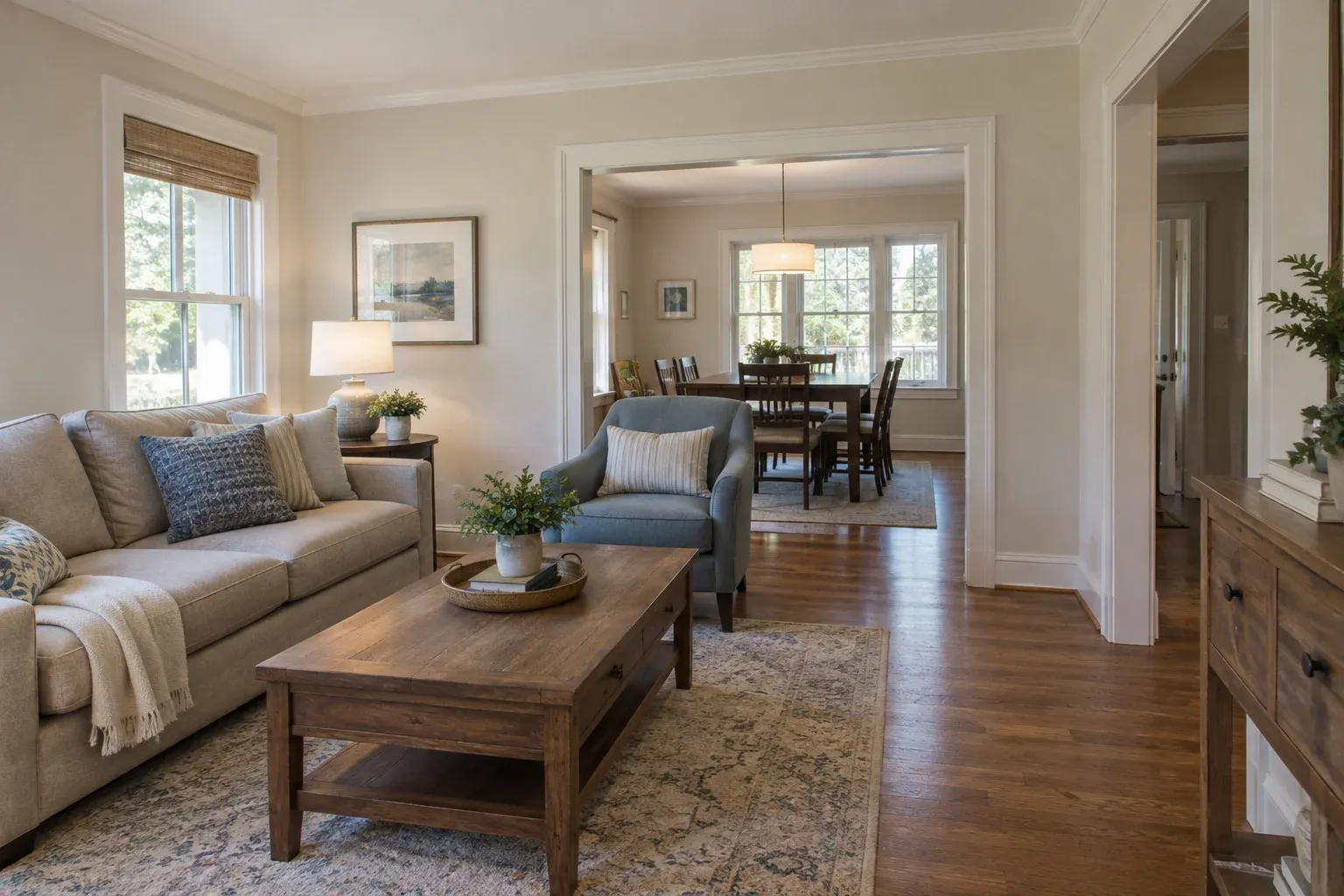 Living room with a walking route beside the seating area leading to an adjoining room.