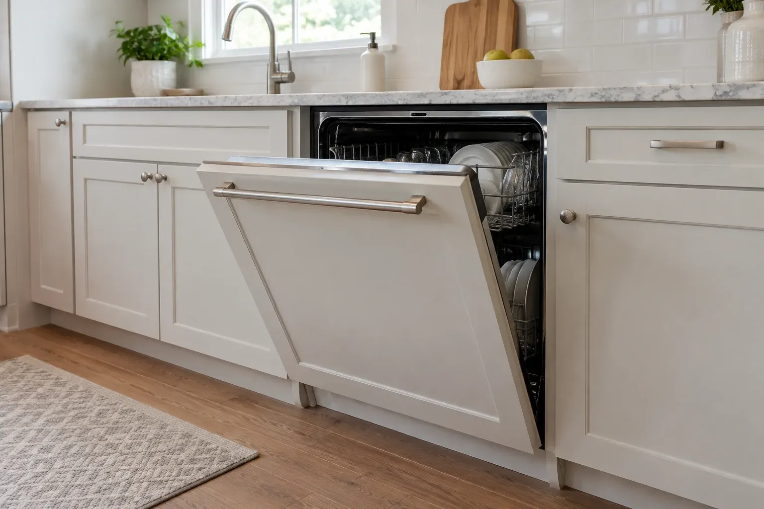 Illustrative panel-ready dishwasher with its cabinet-style door partly lowered beside a sink cabinet.