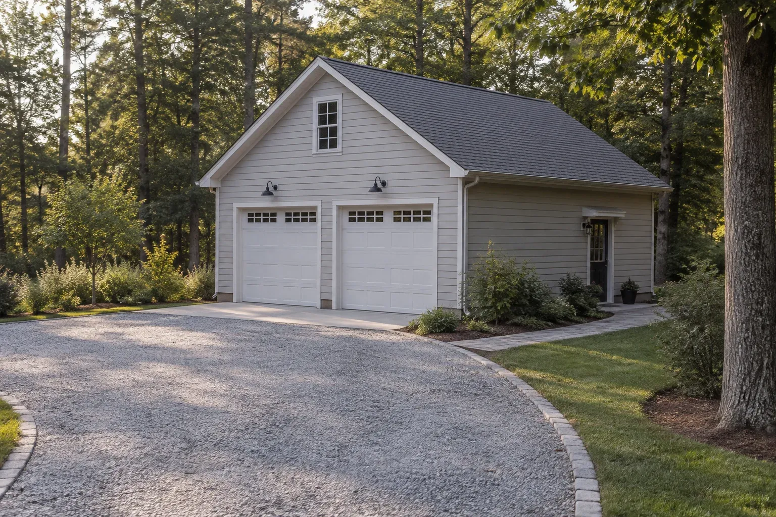 Detached garage with two overhead doors, a curved driveway approach and a path to the side entrance.