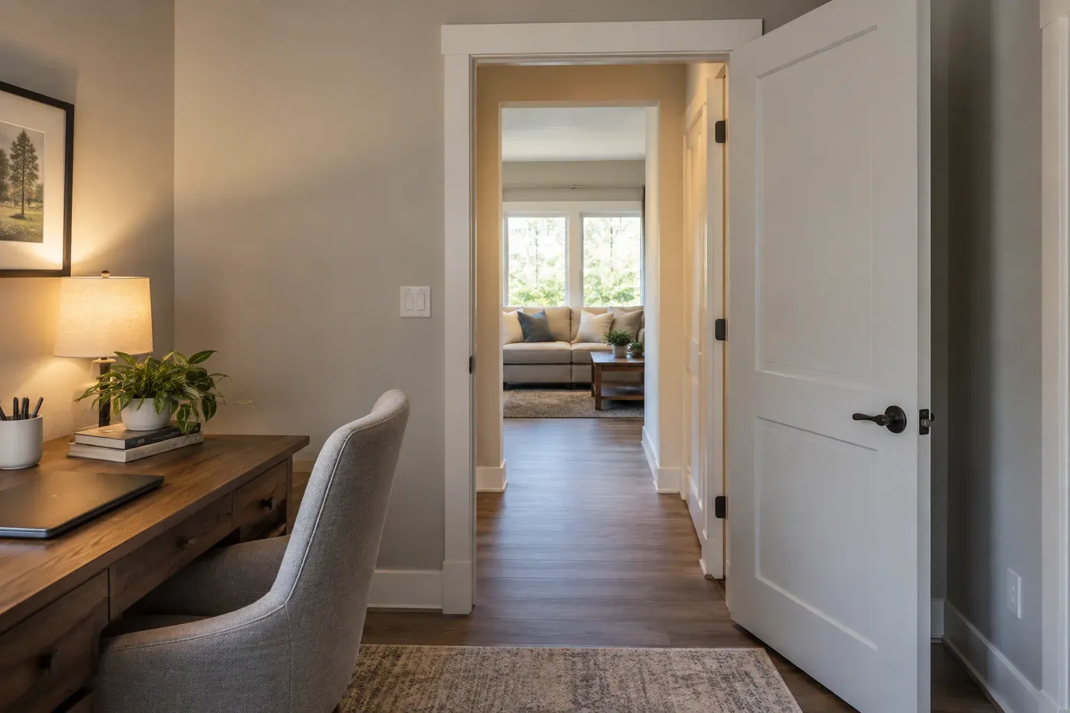 Home office connected by a short passage that separates it from family-room traffic.