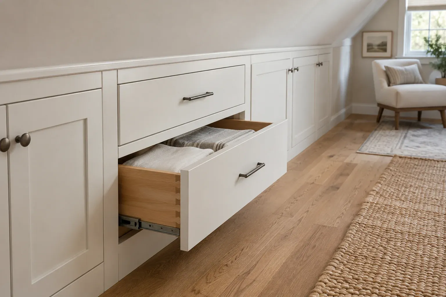 Low attic cabinets beneath a roof slope with an open linen drawer and clear space in front.