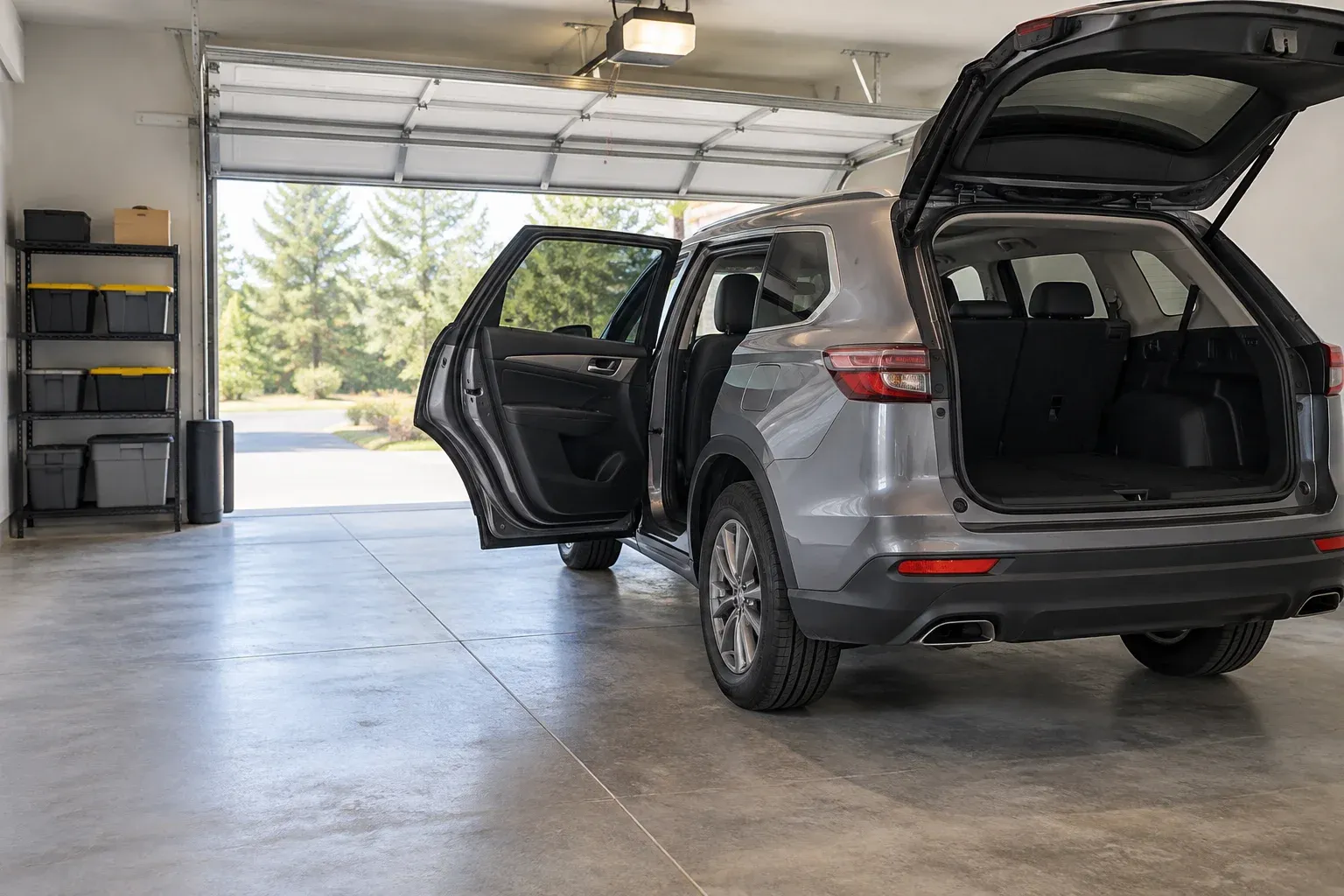 SUV with an open passenger door and raised liftgate beside an unobstructed garage aisle.