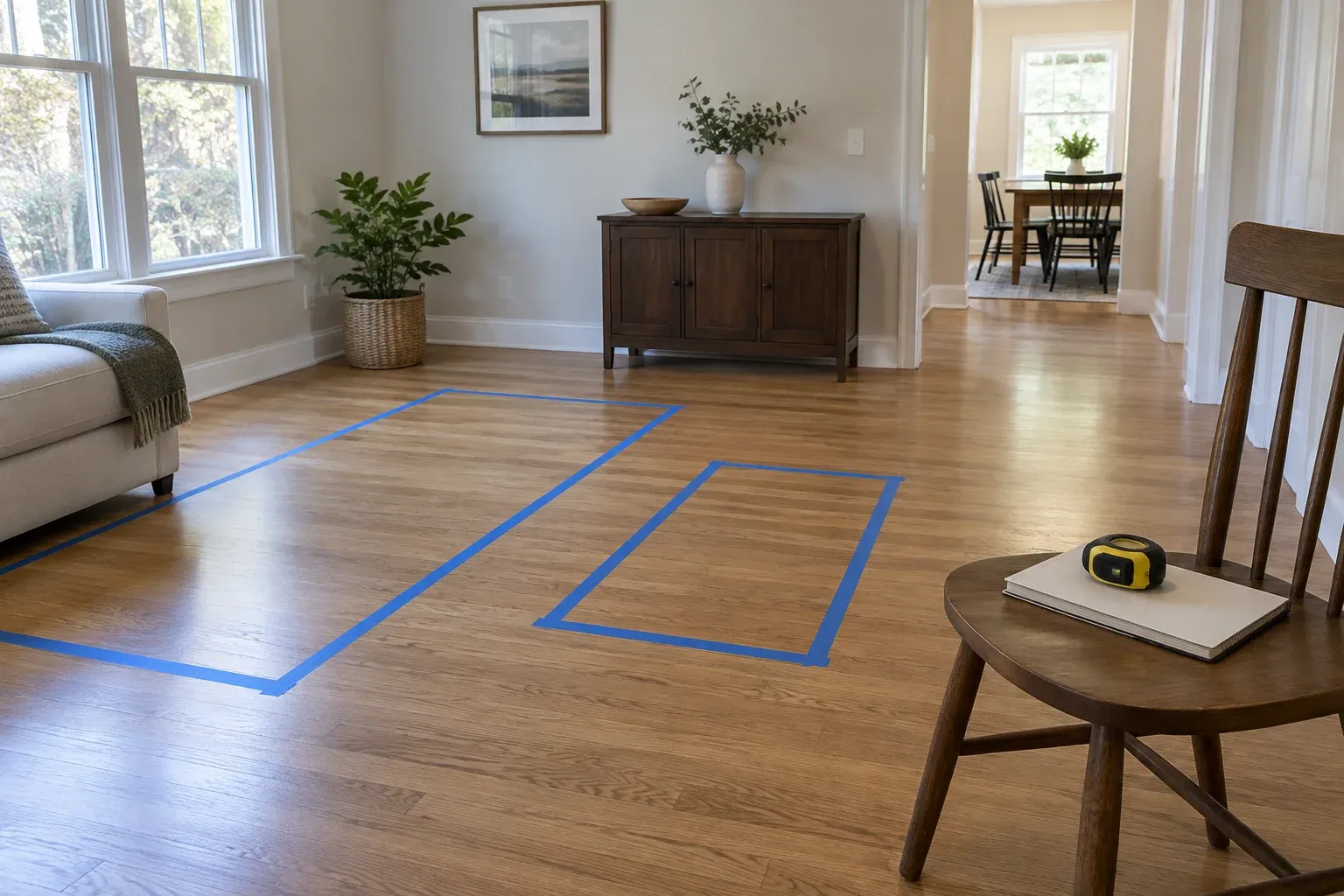 Painter’s tape outlines furniture footprints on a wood floor beside a clear route to a doorway.