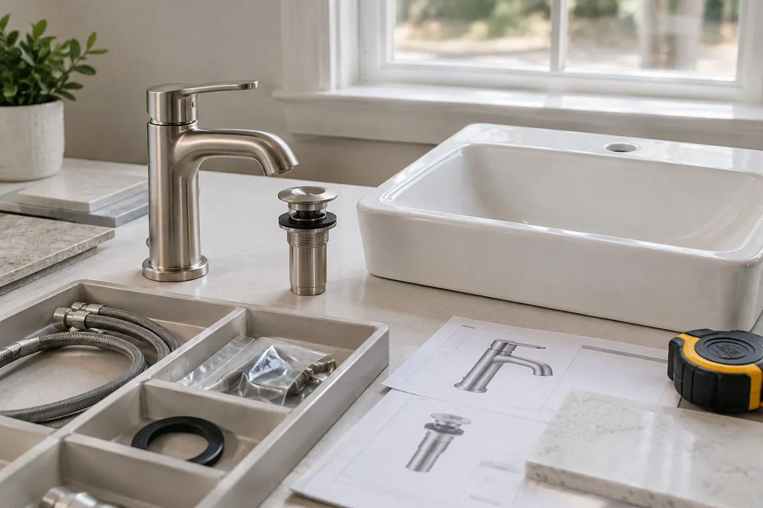 A faucet, matching drain assembly, and accessory bags laid out beside a sink sample.