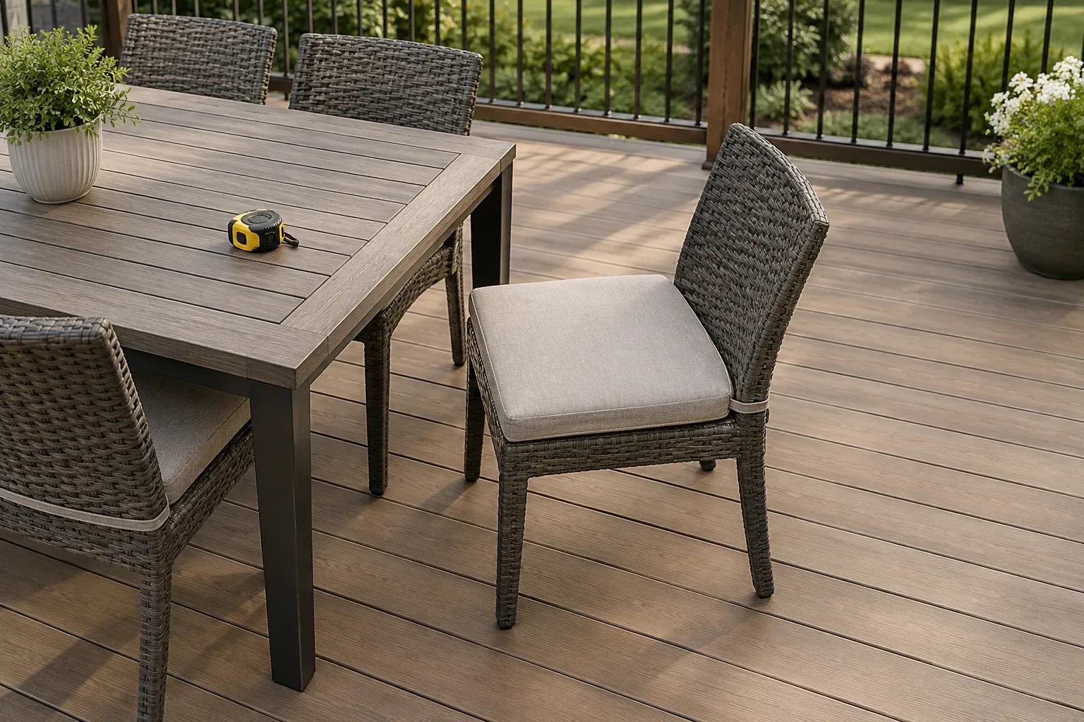 Outdoor dining chair pulled back from a table to show seating space and a separate walking route.