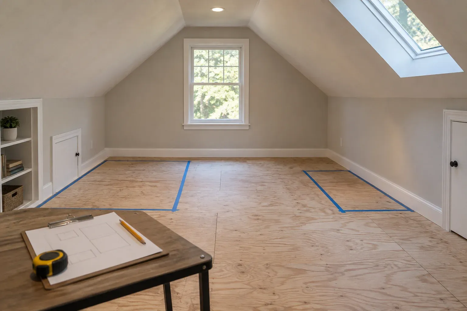 Painter’s tape outlines furniture footprints on an attic floor while leaving the center route open.