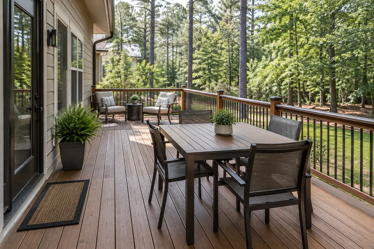Illustrative residential deck with dining furniture, lounge seating and an open route toward the yard.