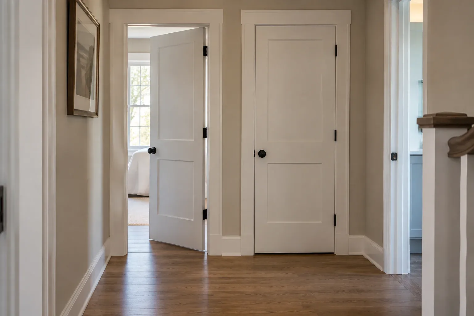 Residential hallway with painted panel doors, matching white trim and a wood floor.
