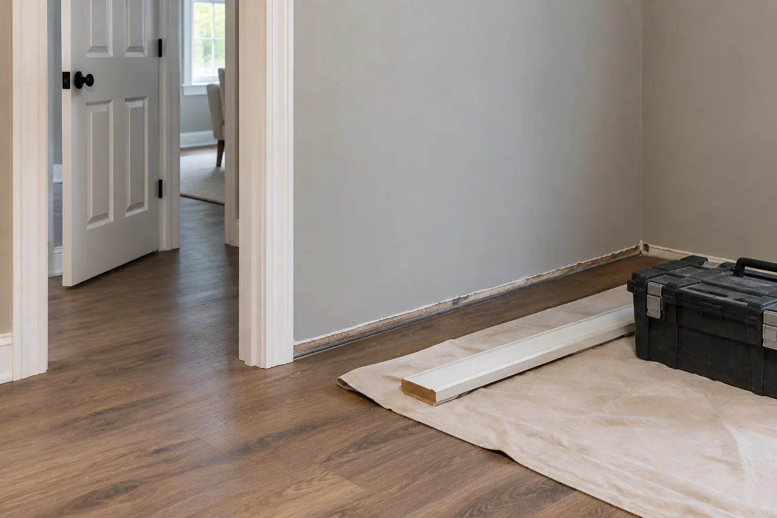 Room with new flooring, an existing doorway and a short wall awaiting baseboard reinstallation.