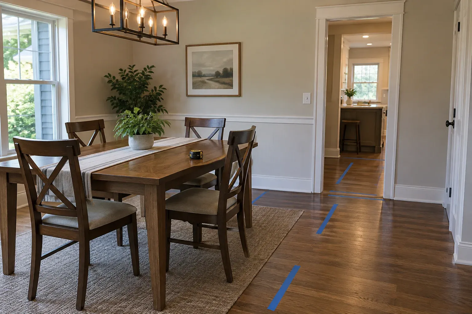 Dining room with removable floor tape marking a possible walking route beside the table and chairs.