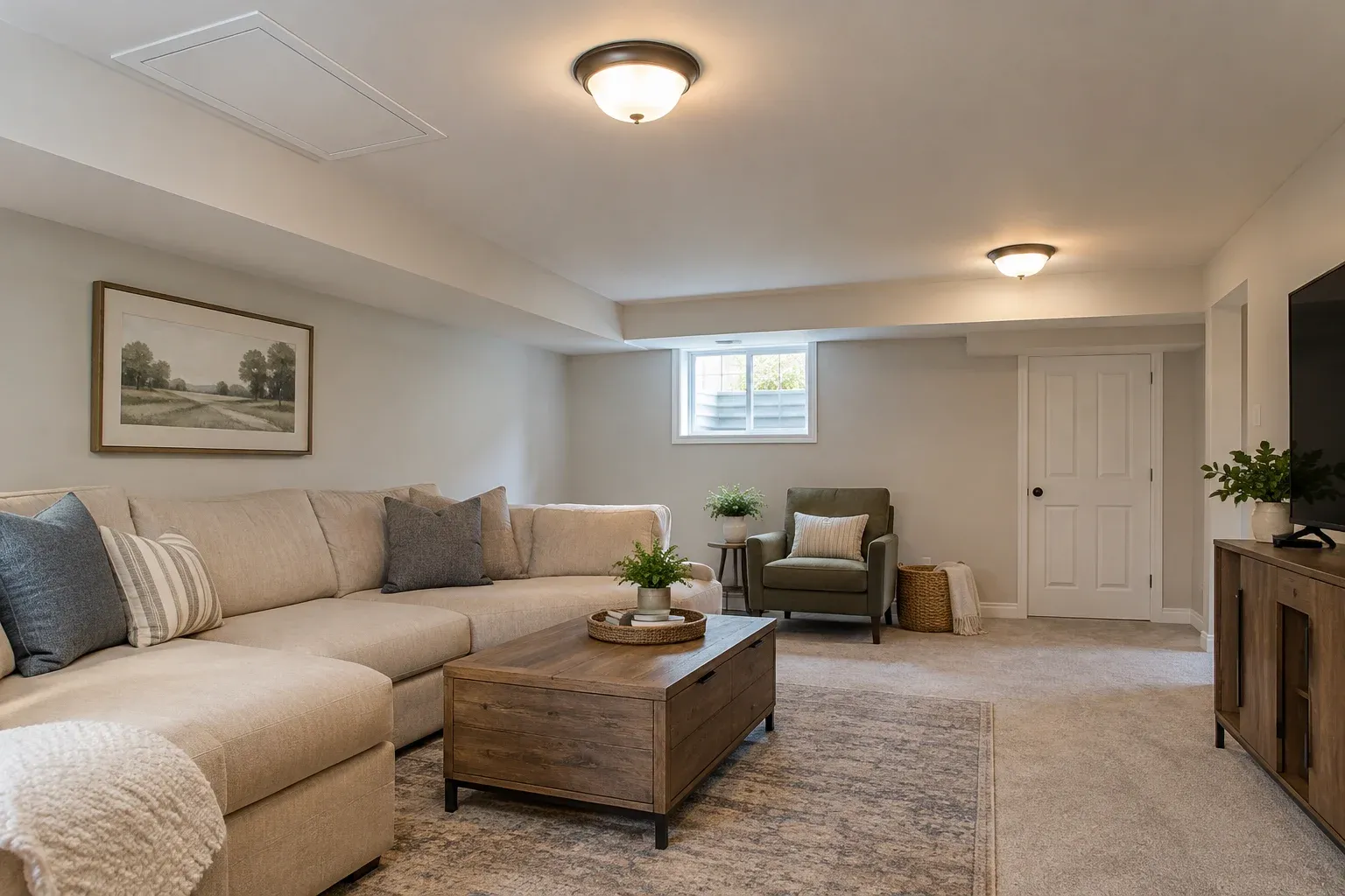 Finished basement sitting room with a smooth drywall ceiling and a discreet access panel.