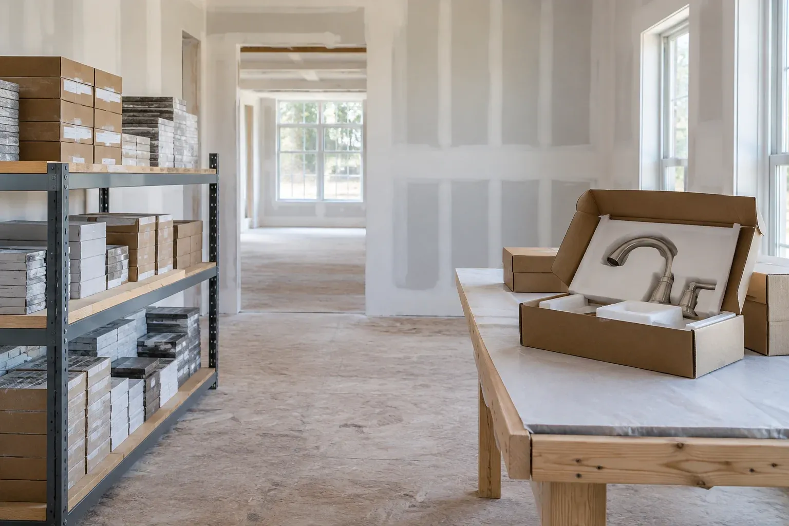 Organized finish cartons and an open fixture package in a dry delivery-checking area.
