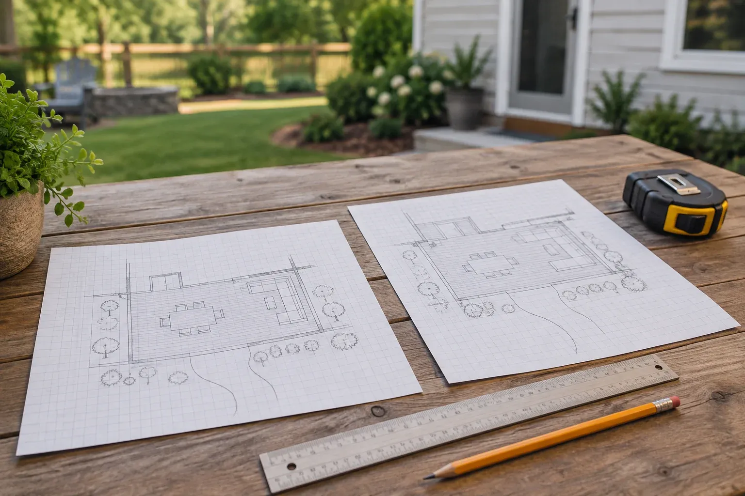 Two deck layout sketches with different proportions beside a pencil, straightedge and tape measure.