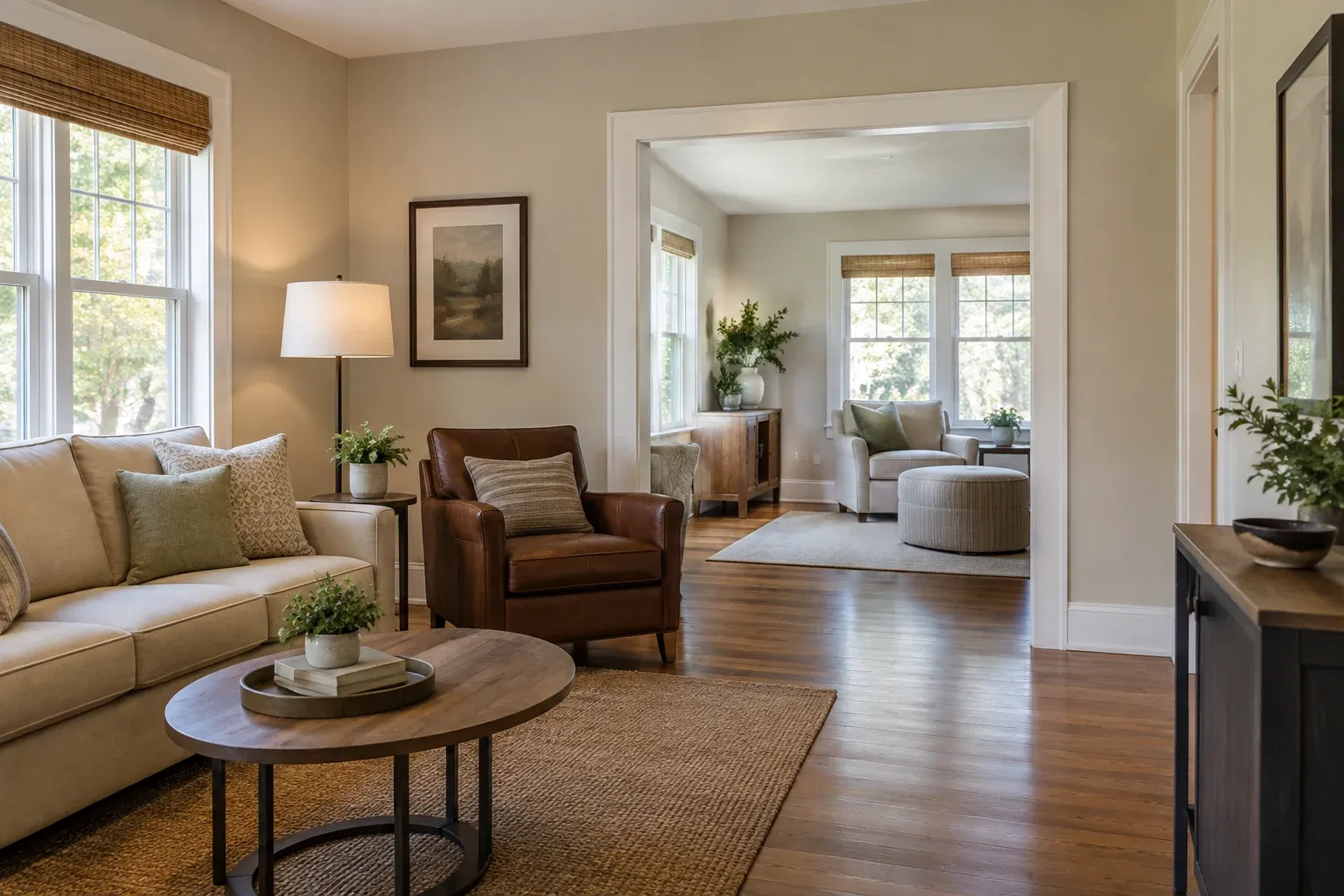 Living room seating arranged beside a clear route into an adjoining room.