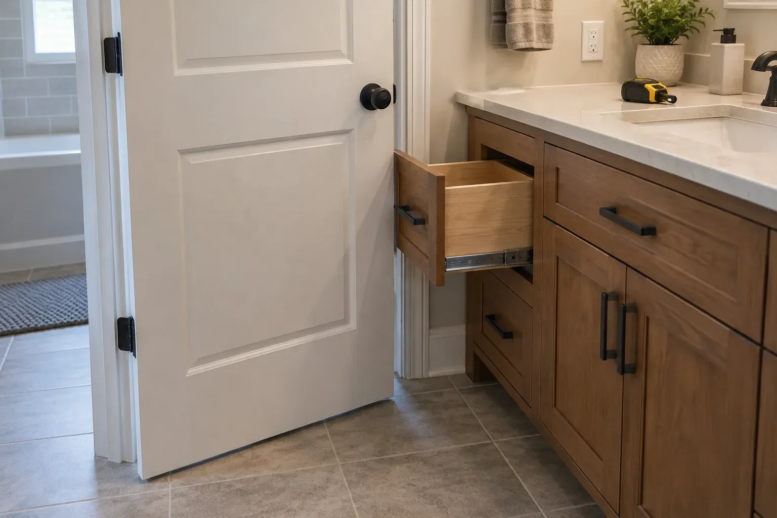 Partially open bathroom door and extended vanity drawer illustrating a potential layout conflict.