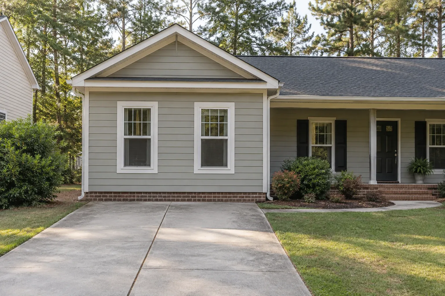 Illustrative converted garage exterior with two windows and horizontal siding beside an existing driveway.