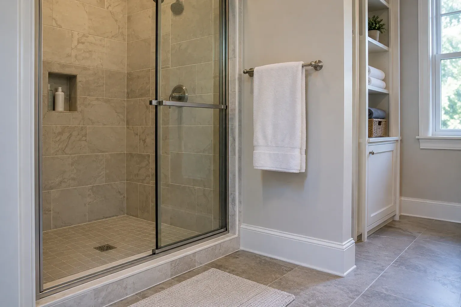 Shower entrance with a clear dry landing area and a towel bar beside the opening.
