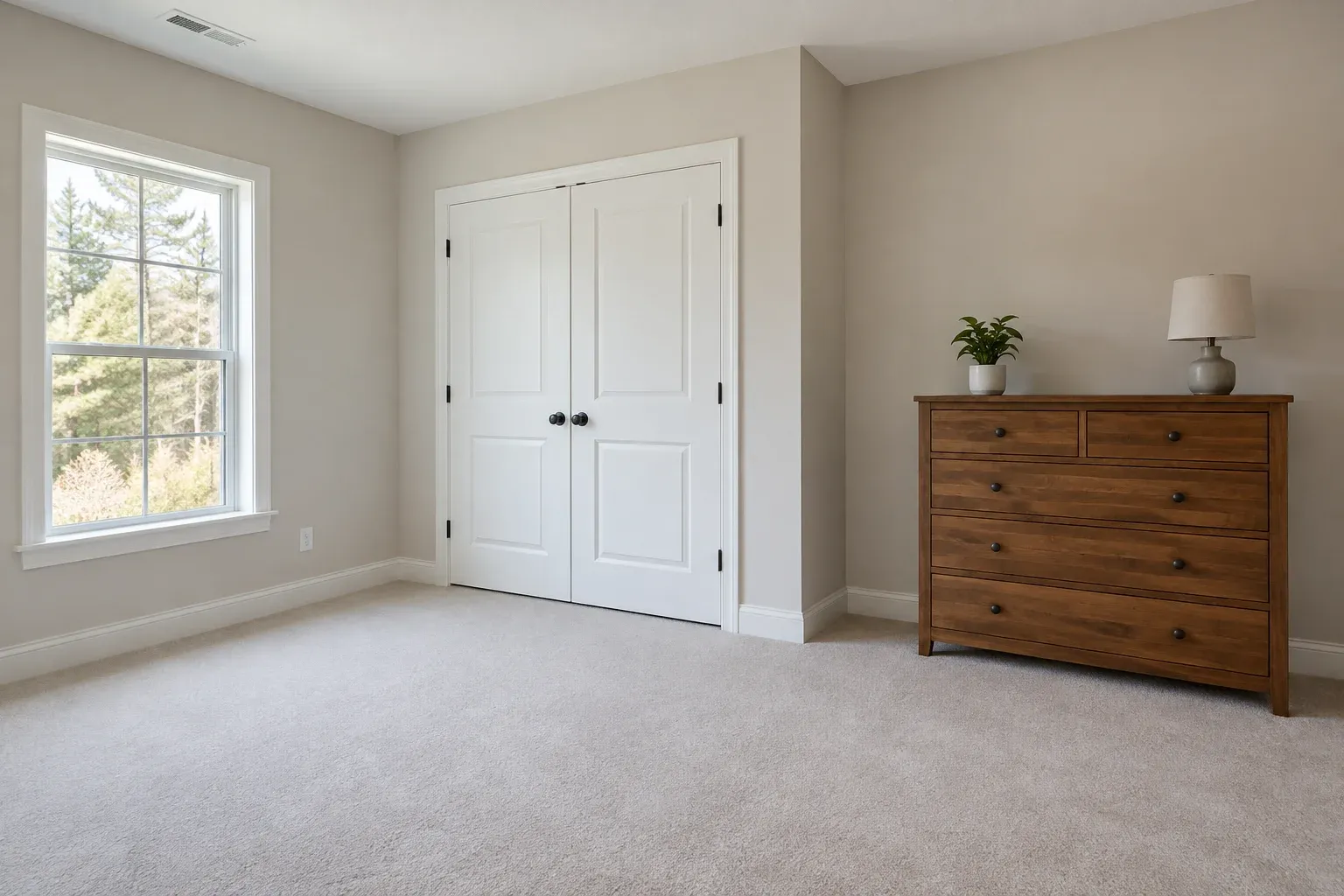 Illustrative spare bedroom with a built-in closet, closed closet doors and a separate freestanding wooden dresser.