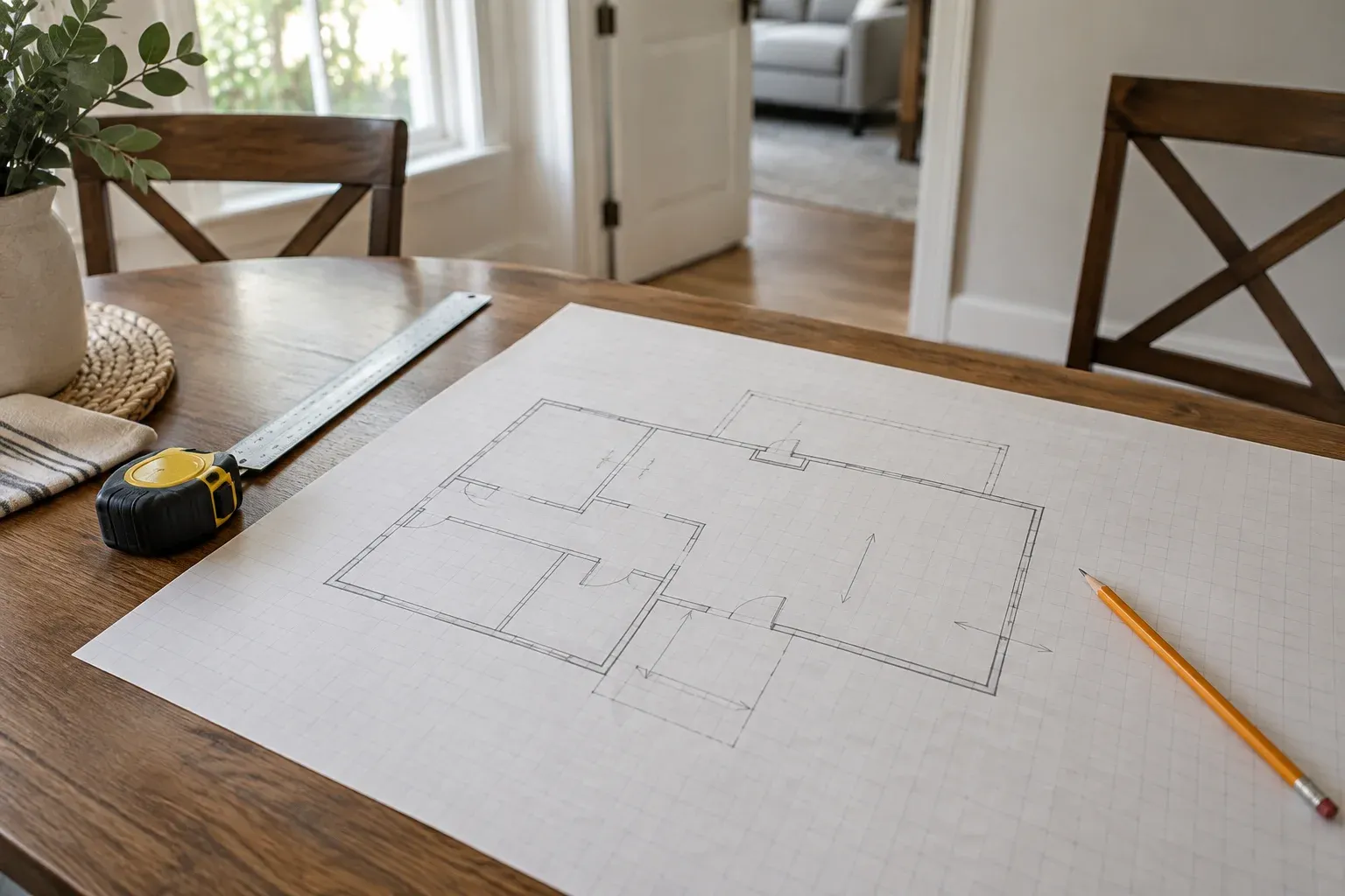 Simple floor-plan sketch, pencil, ruler and tape measure on a home dining table.