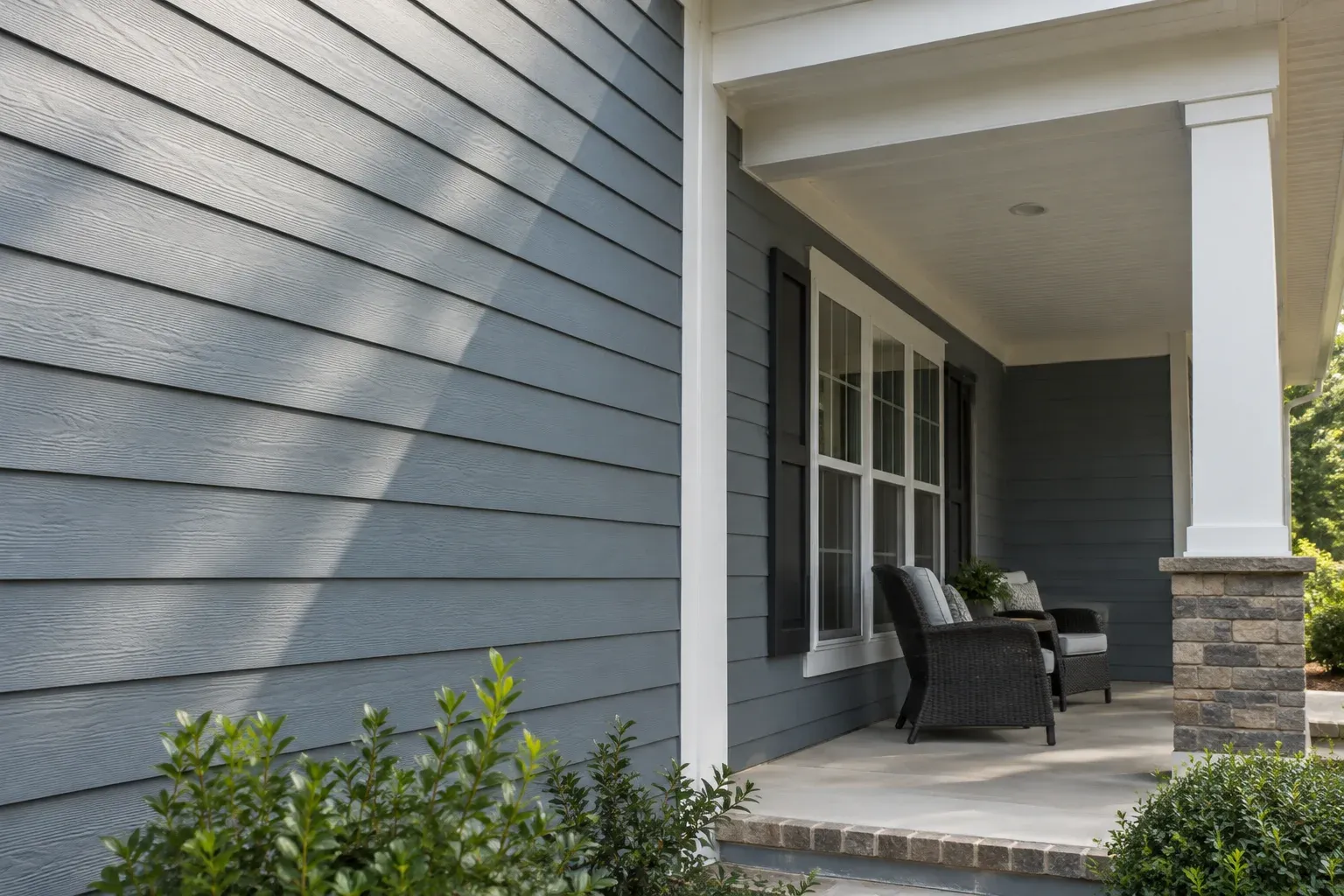 Horizontal siding meeting white corner trim beside a covered porch with visible fascia and soffit.