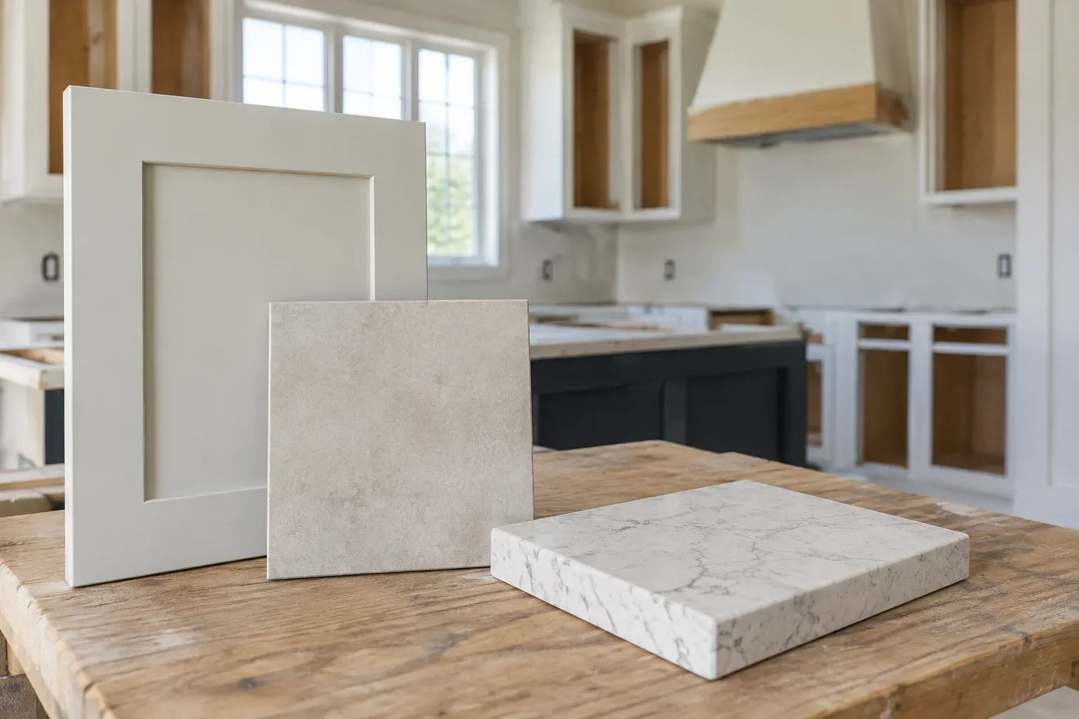 Illustrative cabinet-door, tile, and countertop samples laid out for a remodel selection.