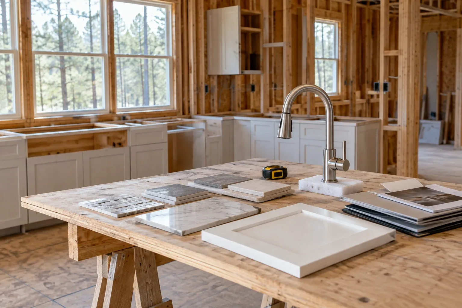 Fixture and finish samples arranged for planning in an illustrative unfinished custom home.
