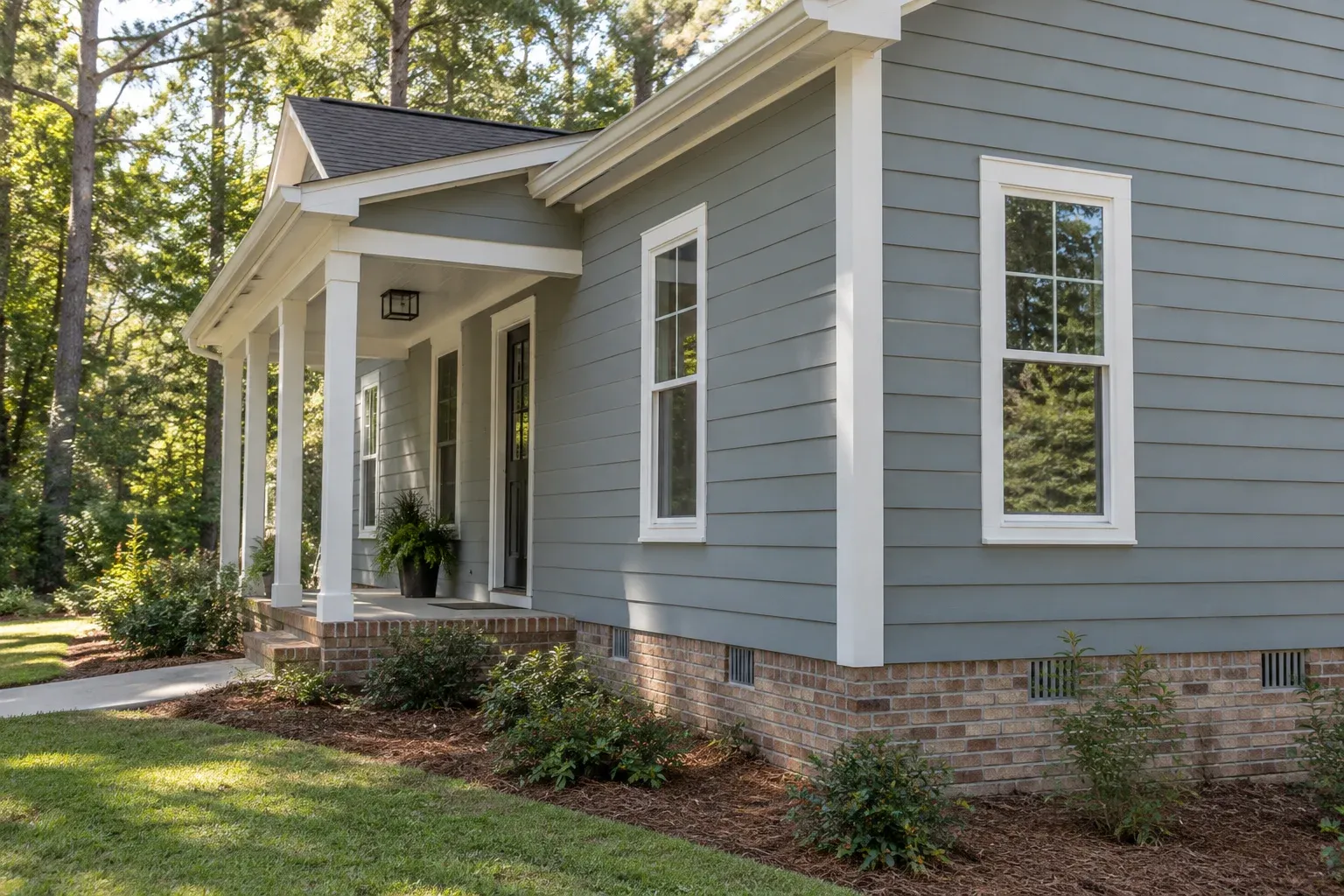 Illustrative house exterior with horizontal siding, white corner trim, and a covered entry porch.