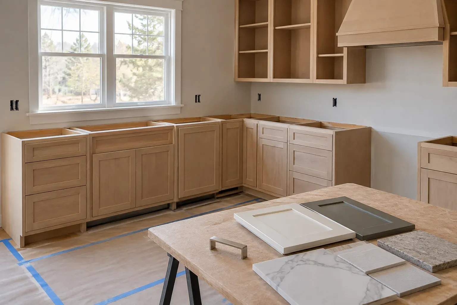 Kitchen renovation with unfinished cabinets and finish samples ready for selection.