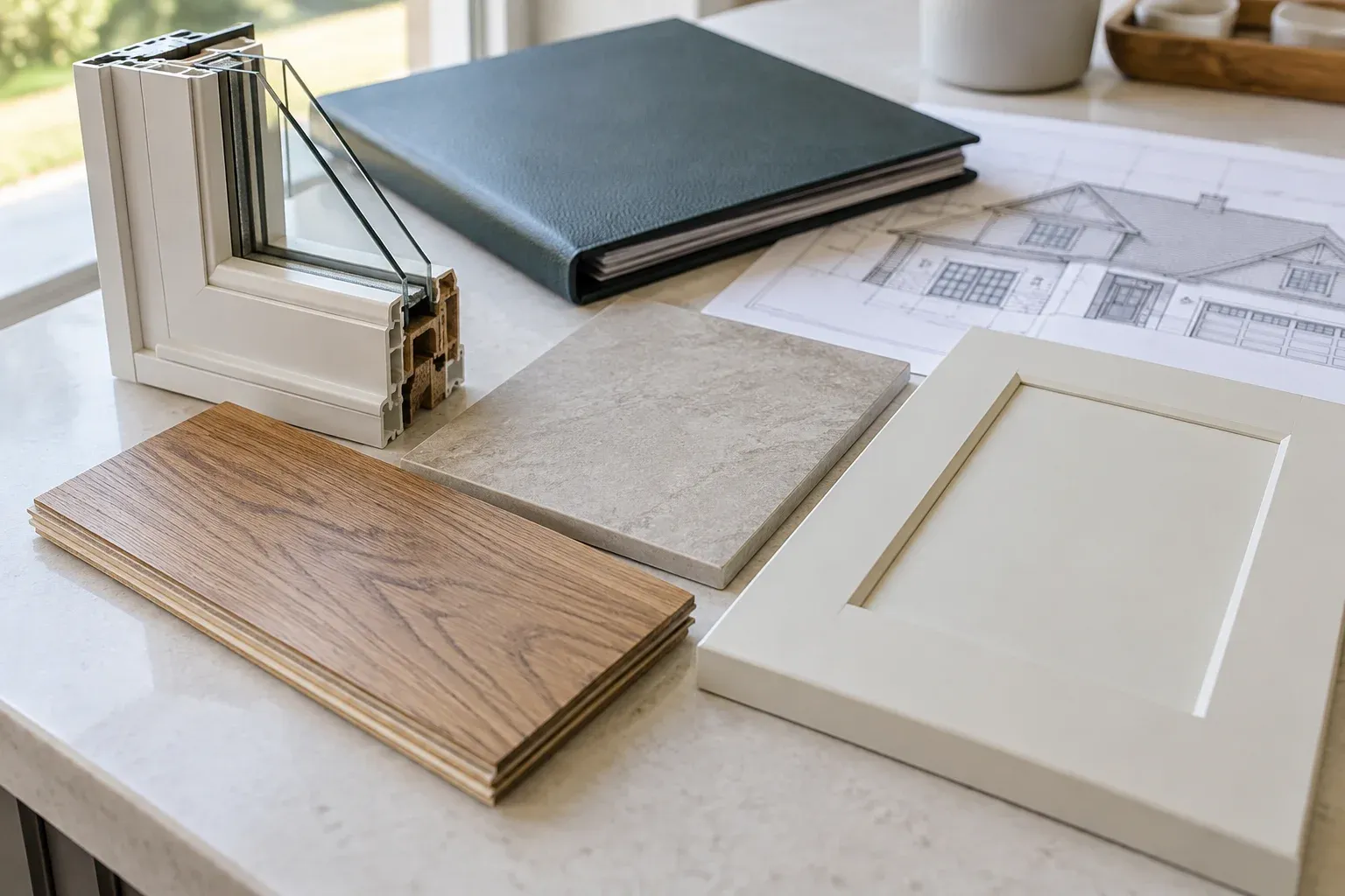 Flooring, tile, cabinet and window samples illustrating selections needed alongside house drawings.