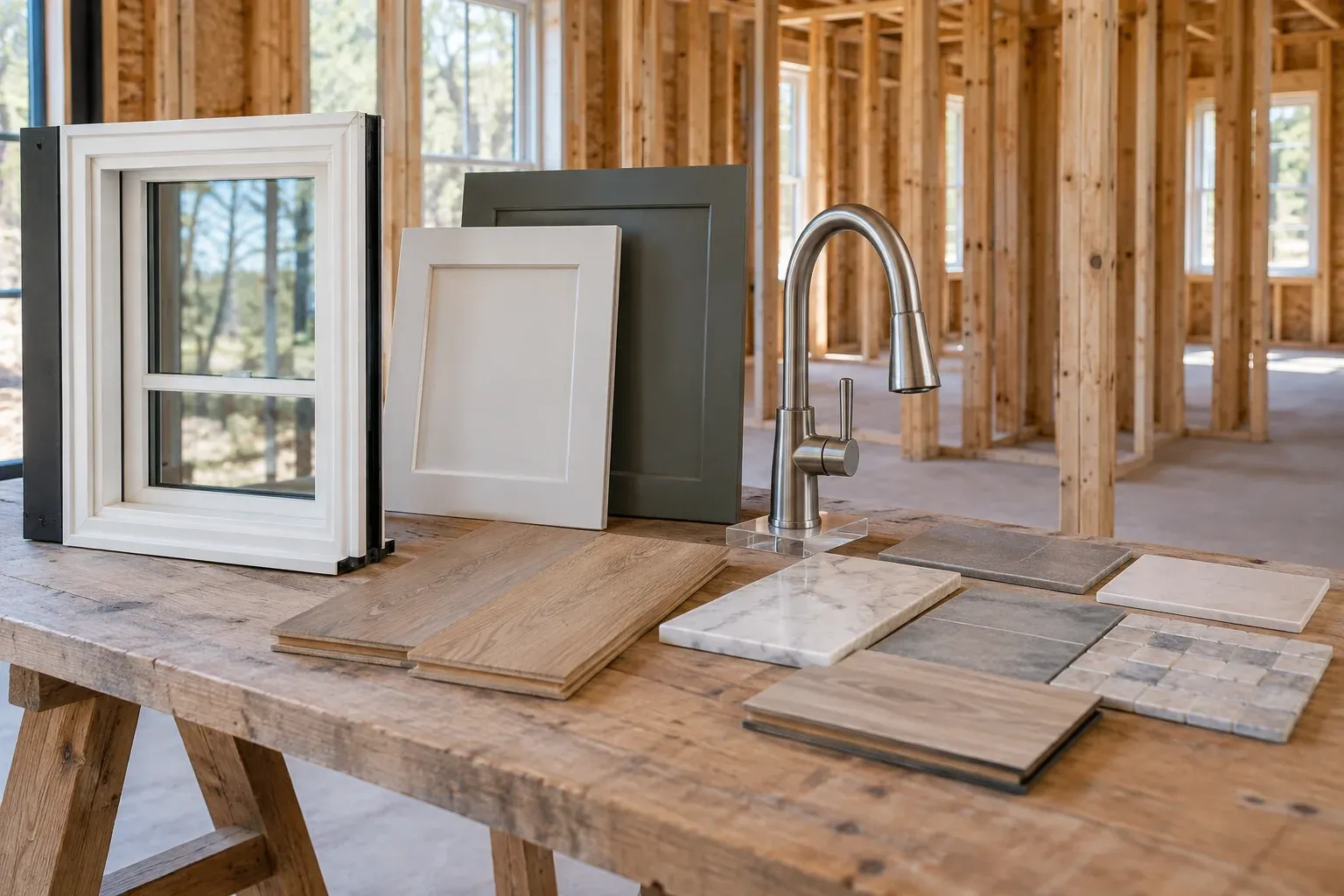 Window, cabinetry, faucet and flooring samples arranged for custom home selection planning.