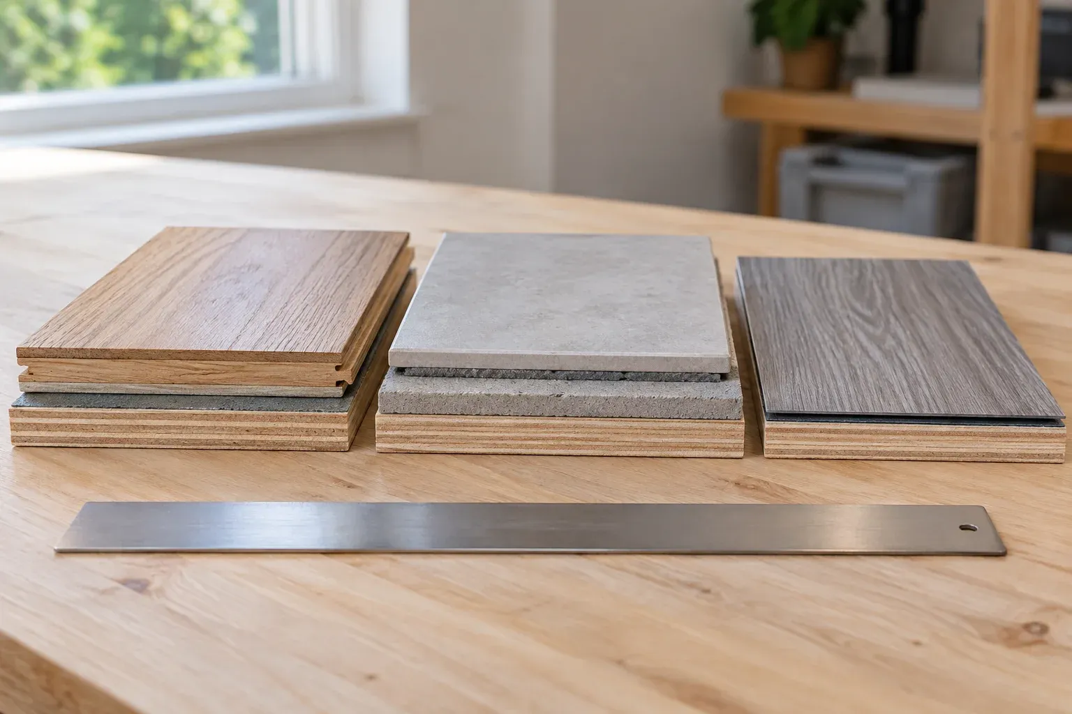 Separate flooring assembly samples showing differences in finished floor height.