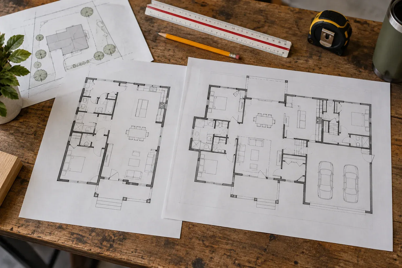Two house layouts and a property drawing arranged with a scale ruler and pencil for comparison.