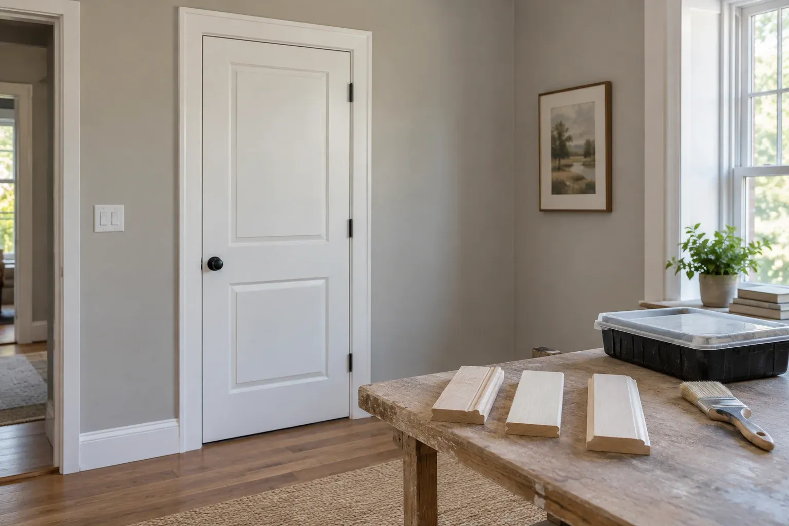 Existing painted interior door beside a worktable holding trim samples and painting supplies.
