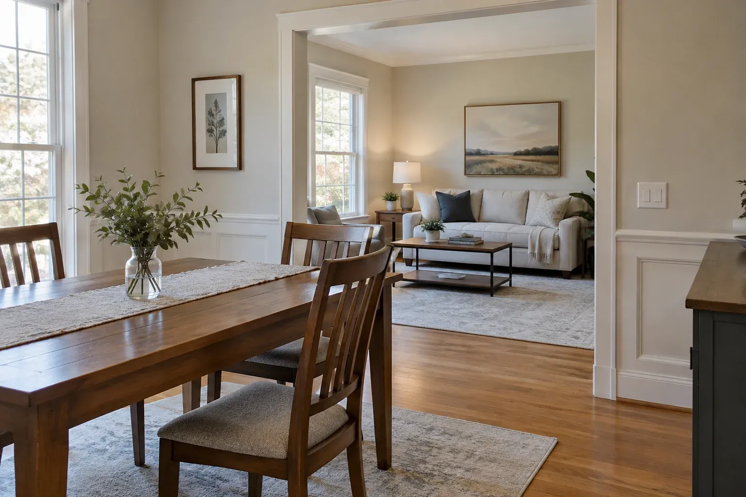 A route beside a dining table leads through an opening to a sitting room with a sofa against a continuous wall.