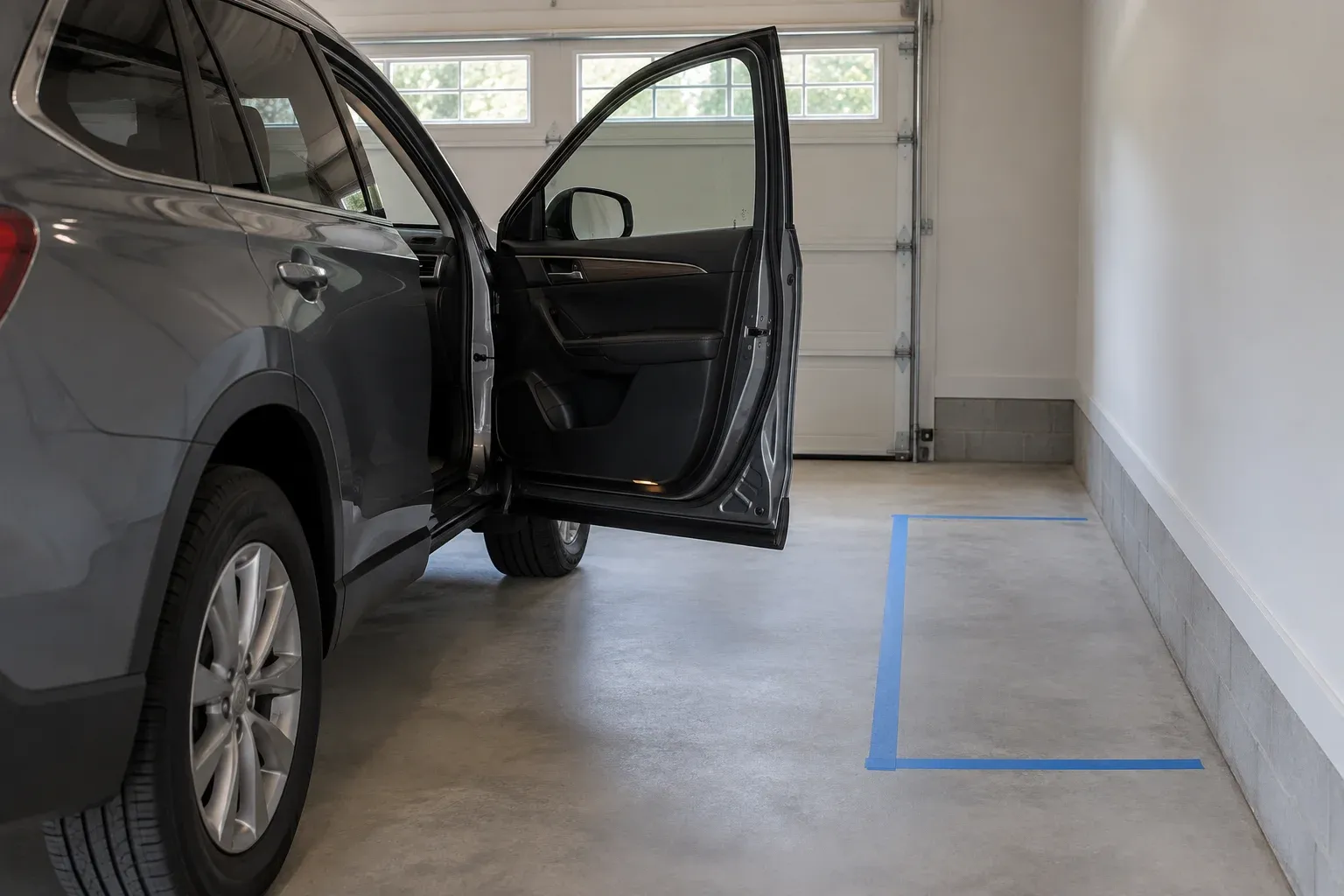 Illustrative SUV with an open passenger door beside a taped storage boundary on a garage floor.